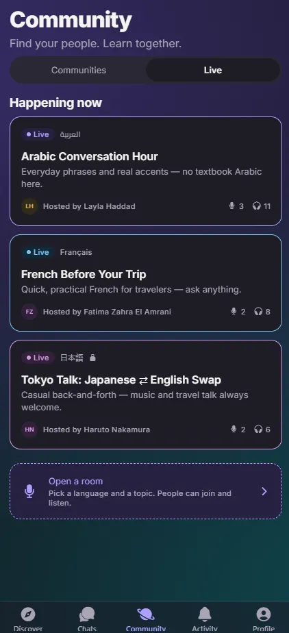 Peerify Live Rooms screen showing several active voice rooms for group conversation practice